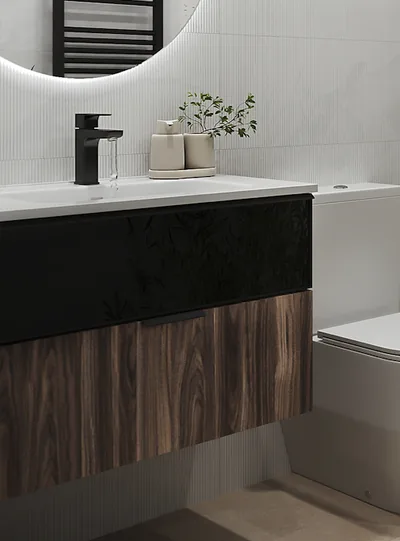 Mueble de lavabo: Mueble Mirko Madera Okobo Claro+Cristal Negro Mate — 